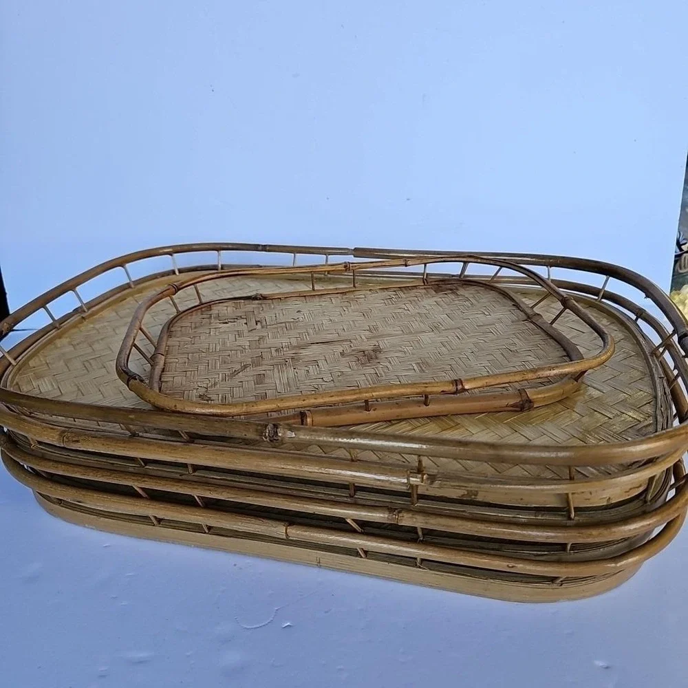Vintage Bamboo Rattan Woven Serving Trays Set of 5 Nested Boho Coastal Decor‎